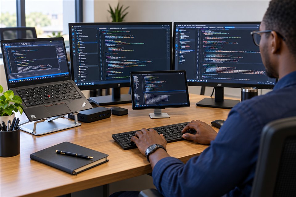 Poste de programmation avec un ordinateur portable et des écrans de code. Illustration créée avec l’IA.