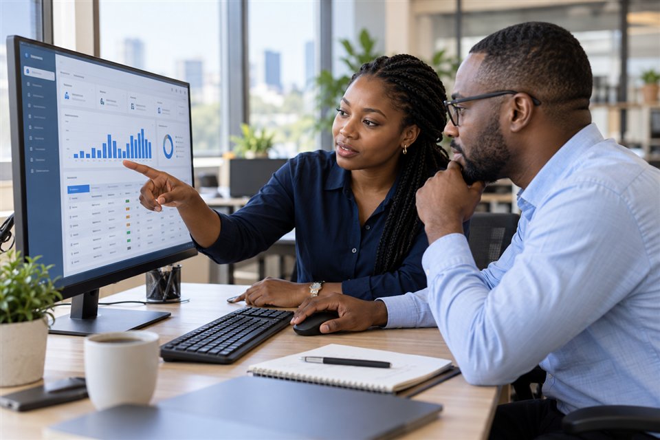 Deux professionnels consultant une application de gestion sur ordinateur. Illustration créée avec l’IA.