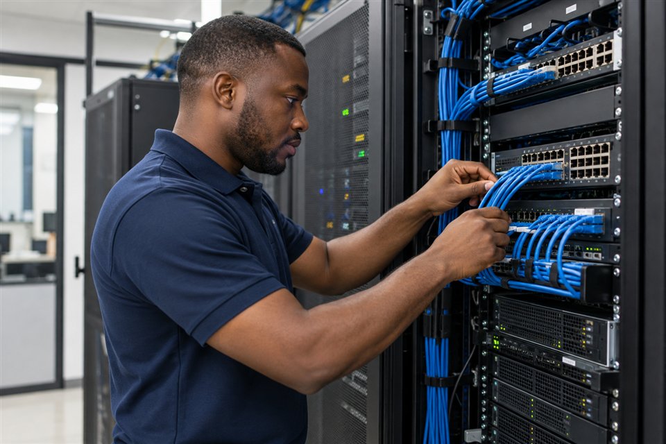 Ingénieur informatique intervenant sur les connexions d’une baie réseau. Illustration créée avec l’IA.
